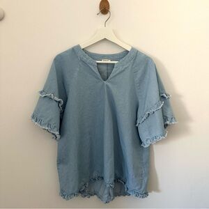 JODIFL Sky Blue Ruffle Trim Blouse